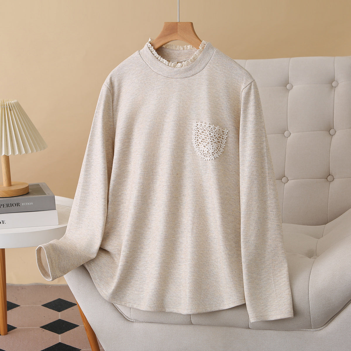 Fleece-lined base shirt in beige with faux lace collar and textured heart chest pocket