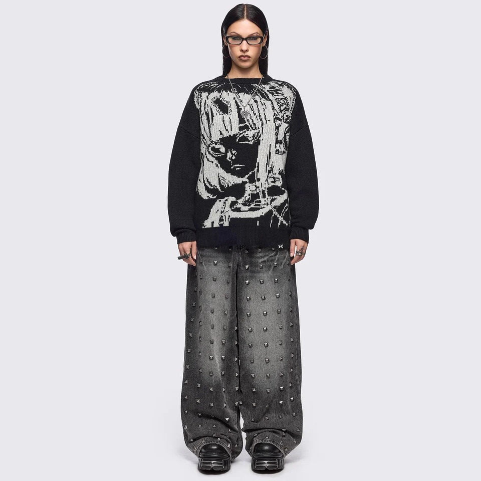 Oversized Graphic Sweater for Women — Gothic Portrait Jacquard Knit in Cotton Blend