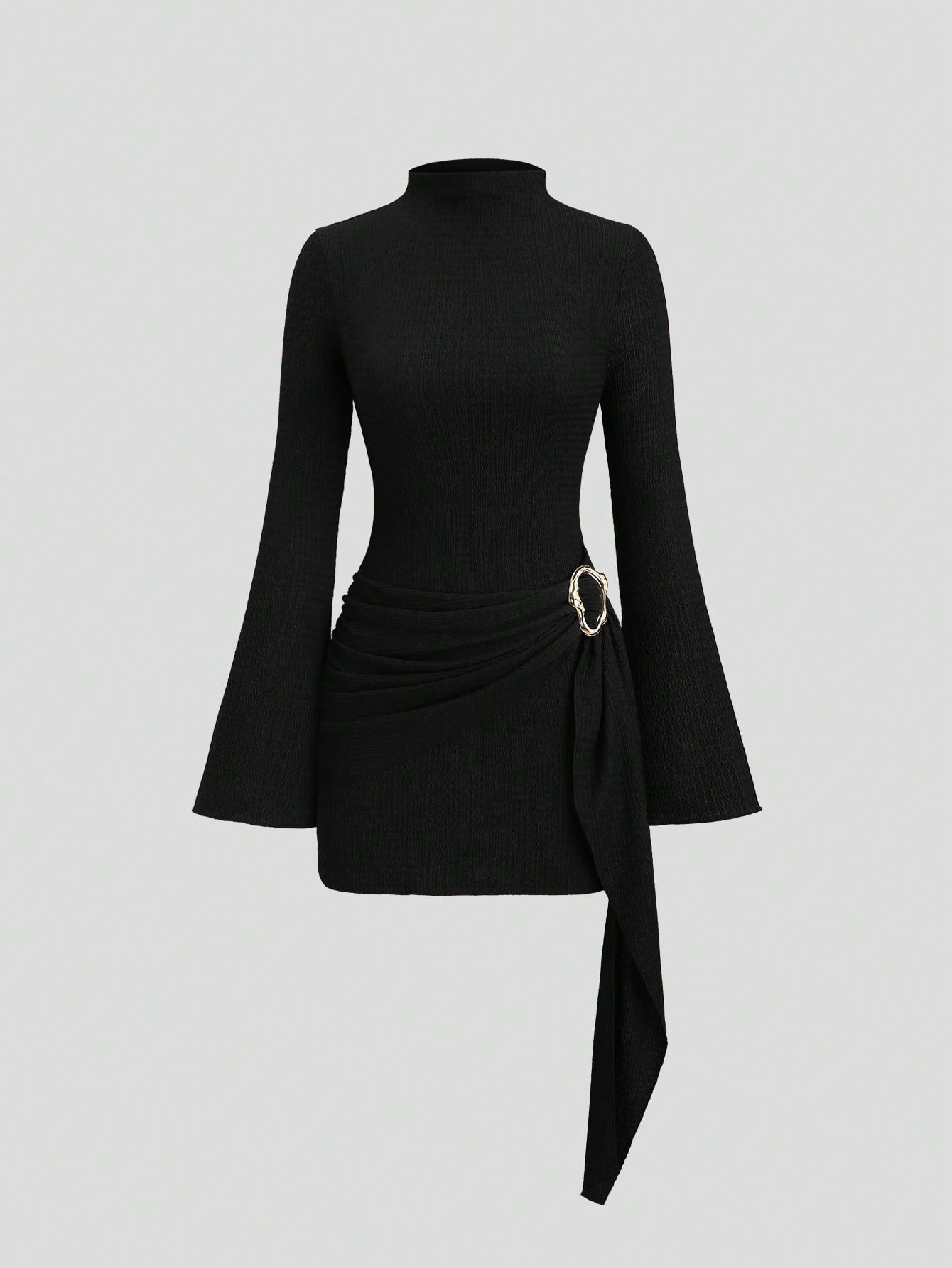 Bell Sleeve Mini Dress — Mock Neck Draped Sash Bodycon Style in Ribbed Knit