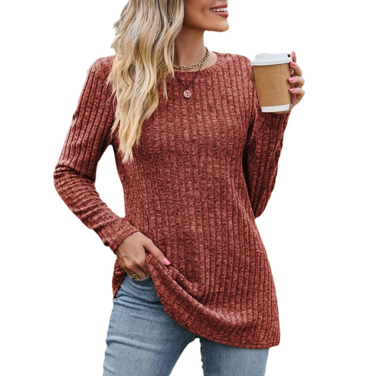 Heathered Ribbed Knit Top — Relaxed Long Sleeve Crewneck Style in Modal