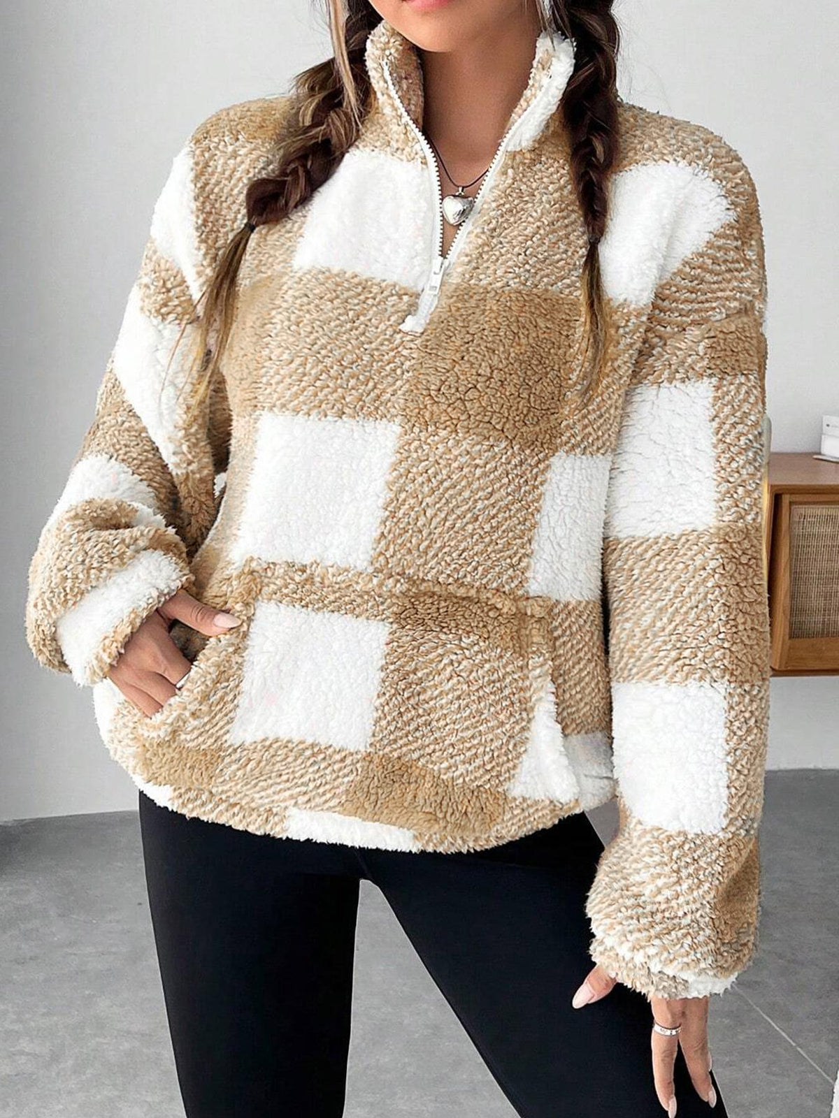 Beige and white plaid fuzzy quarter-zip sweatshirt with half-open collar for women