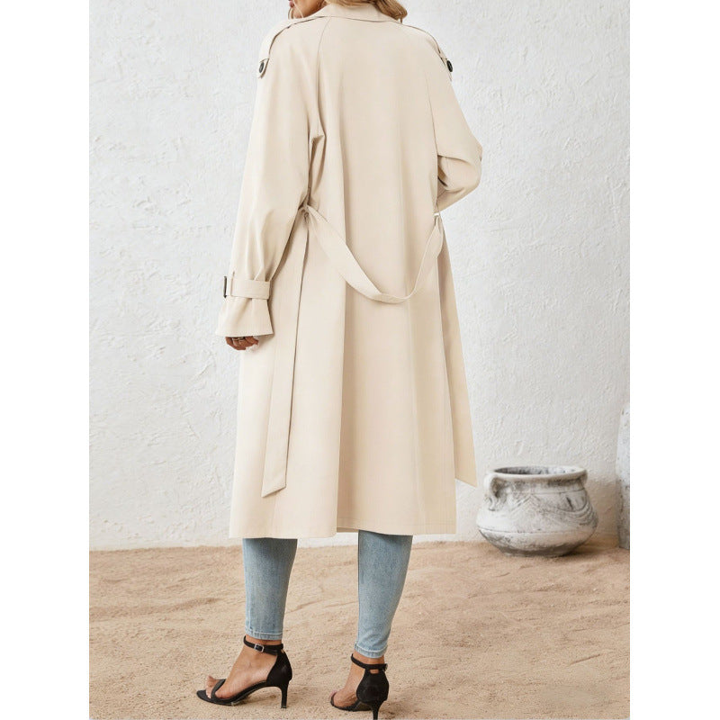 Long Trench Coat for Women — Classic Double Breasted Belted Style in Cotton