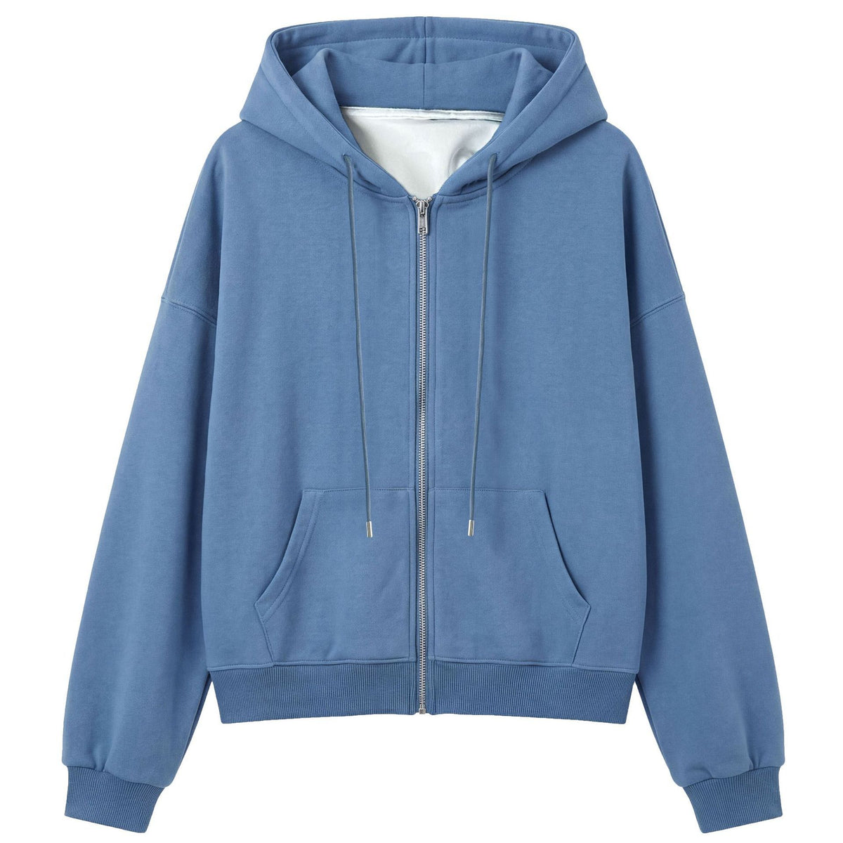 Women’s blue zip-up hooded sweatshirt with drawstring hood and front zipper
