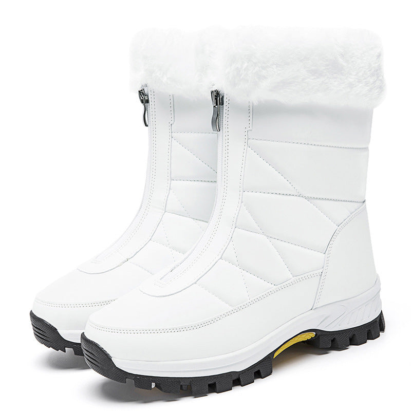 White insulated snow boots with faux-fur collar, side zippers, thick traction sole