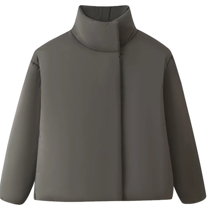 Gray oversized puffer jacket with funnel neck, high collar, full zip