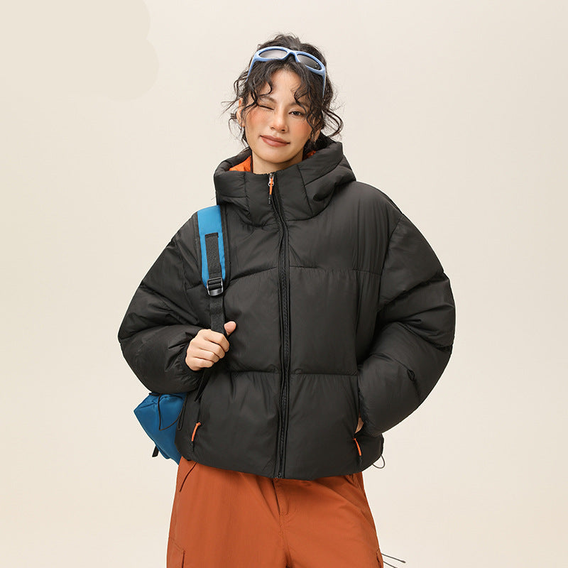 Black hooded puffer jacket, full-zip quilted short down coat