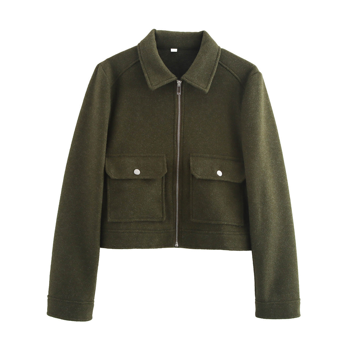 Cropped zip jacket, dark green wool blend, stand collar, flap chest pockets.