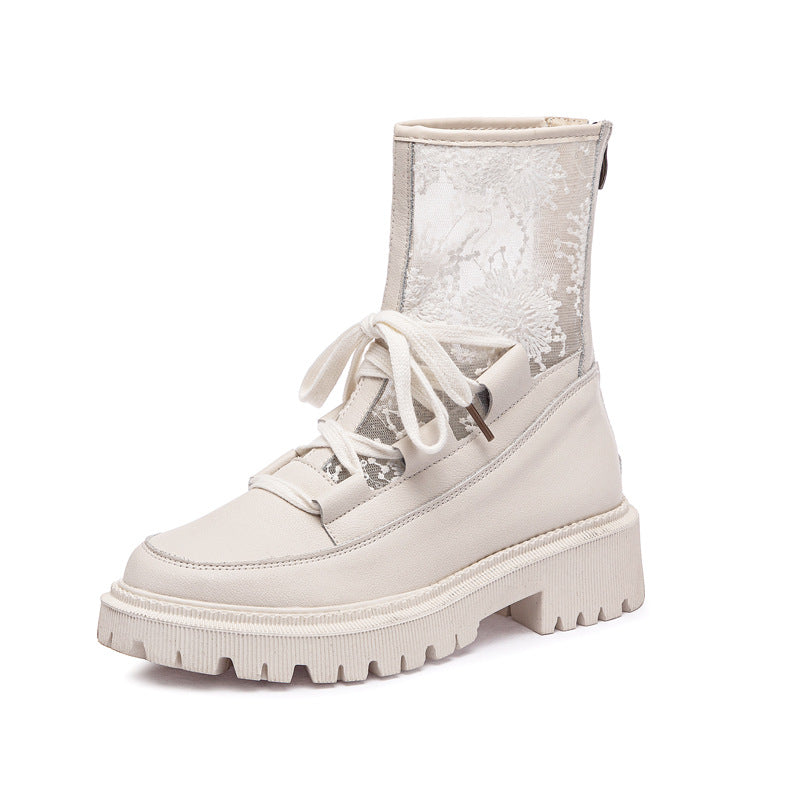 White lace-up ankle boot with chunky sole and textured mesh-look panel