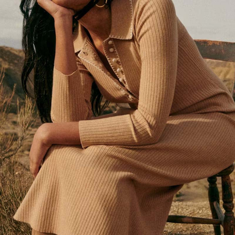 Beige knit polo midi dress with long sleeves, ribbed collar and button placket