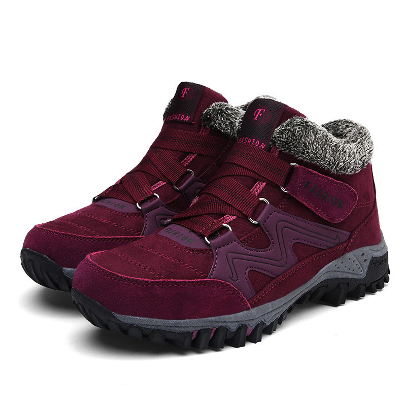 Burgundy winter snow boots with faux-fur cuff and lace-up straps