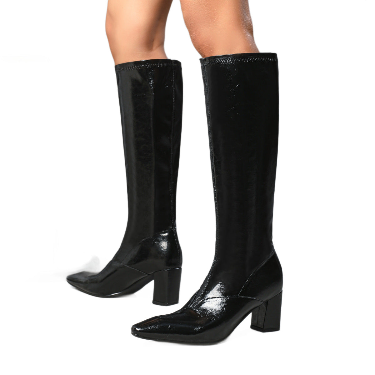 Square Toe Knee High Boots for Women — Patent Block Heel Tall Boots in Faux Leather