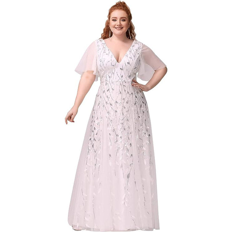 Sequined mesh fishtail gown, light pink, V-neck with short sleeves