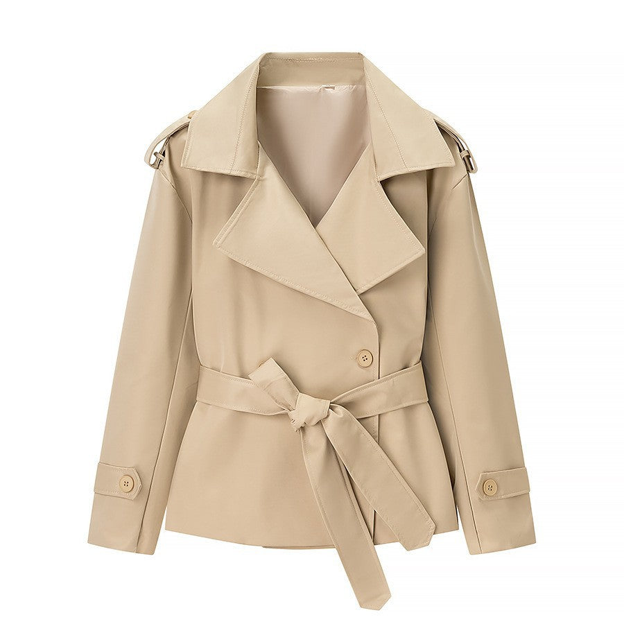 Tan belted trench coat with notched lapels and waist tie, long sleeves