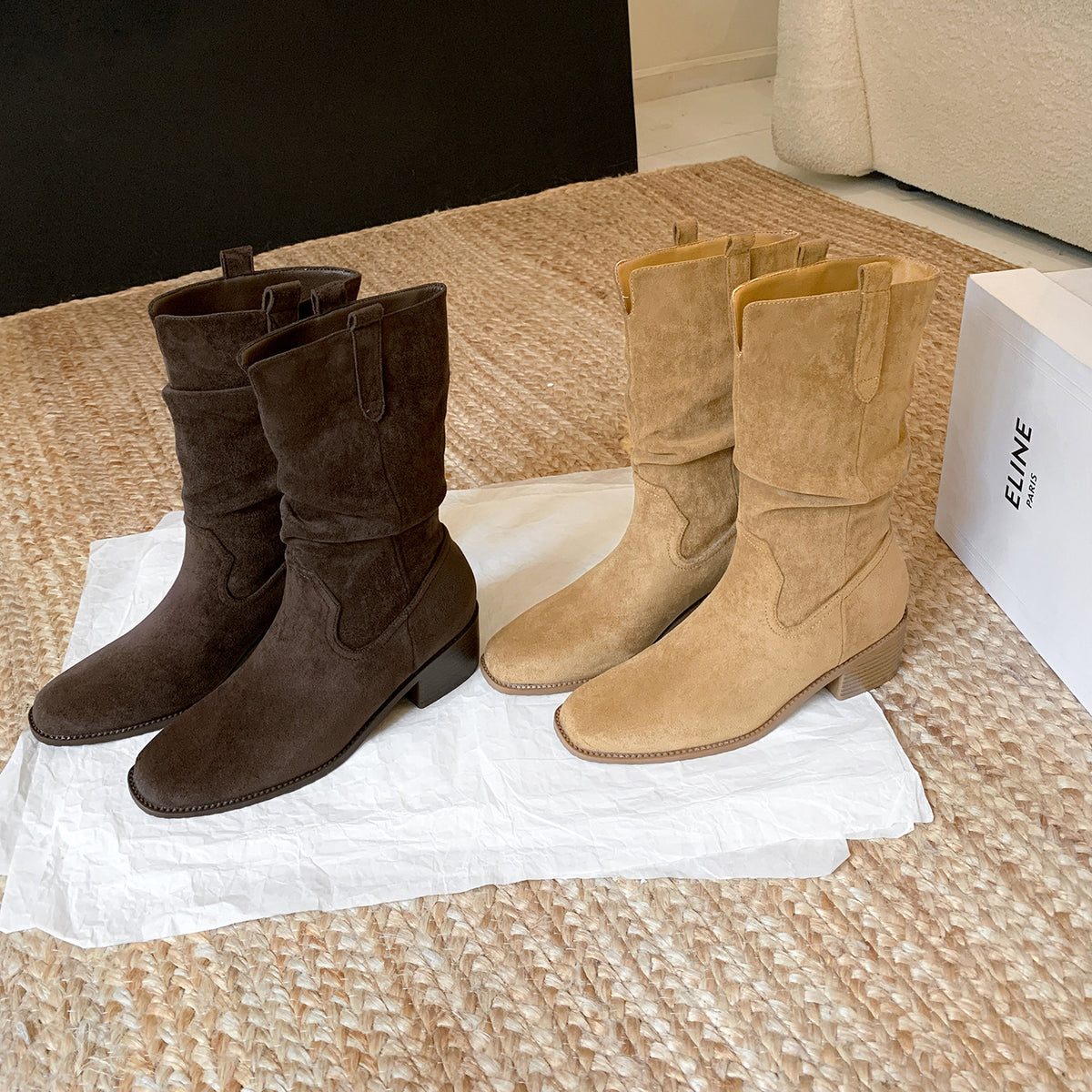 Women’s ankle boots set: dark brown and khaki suede-look, chunky block heel, pull-on style