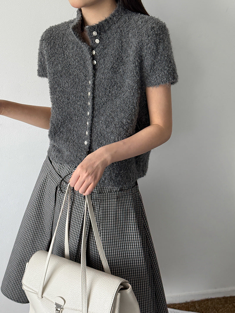 Dark gray fuzzy short-sleeve cardigan top with button placket and knit collar