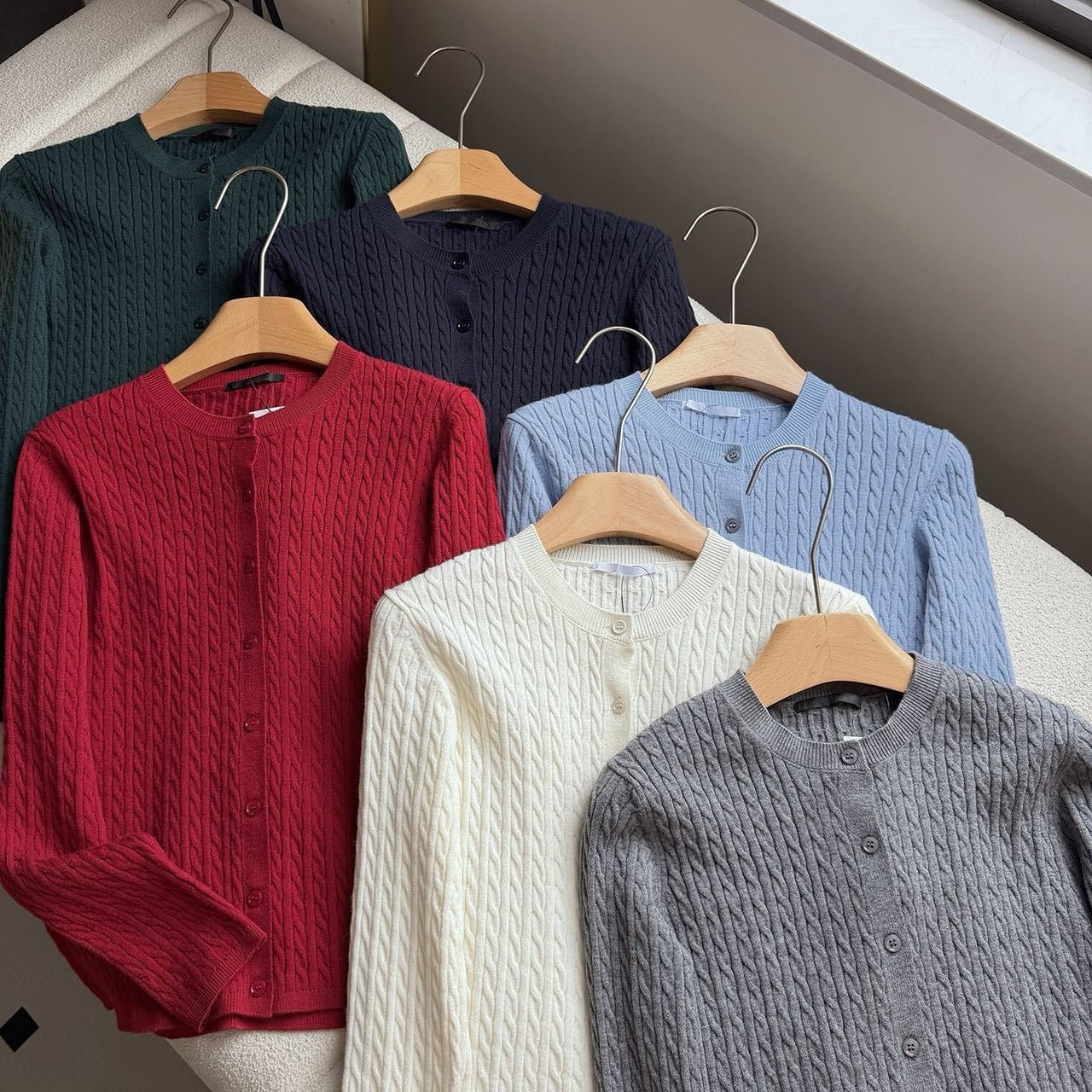 Cable Knit Cardigan for Women — Classic Crew Neck Button Front in Soft Merino Wool