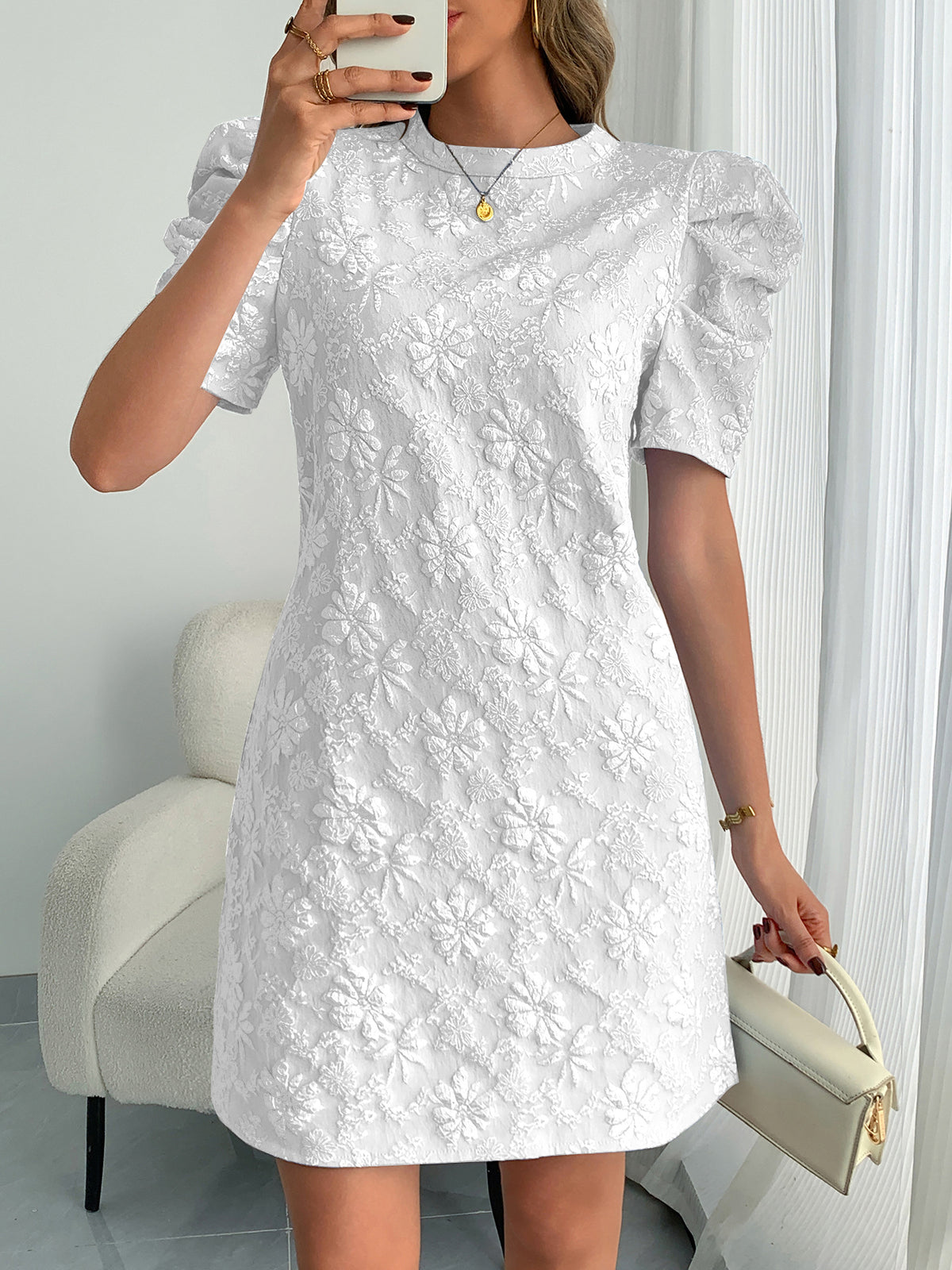 Floral Jacquard Mini Dress — Short Puff Sleeve A Line Shift for Weddings