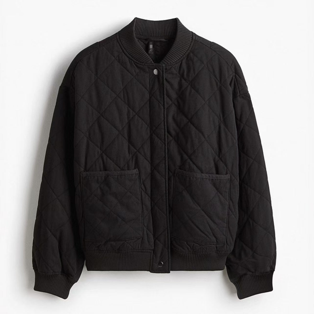 Black quilted cotton bomber jacket with stand collar and two front flap pockets