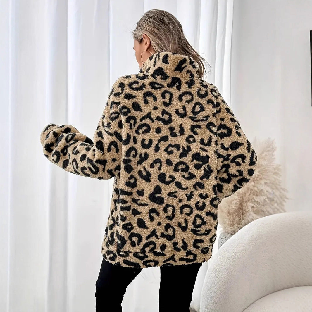 Leopard print zip-up fleece sweatshirt, back view with wide collar and sleeves