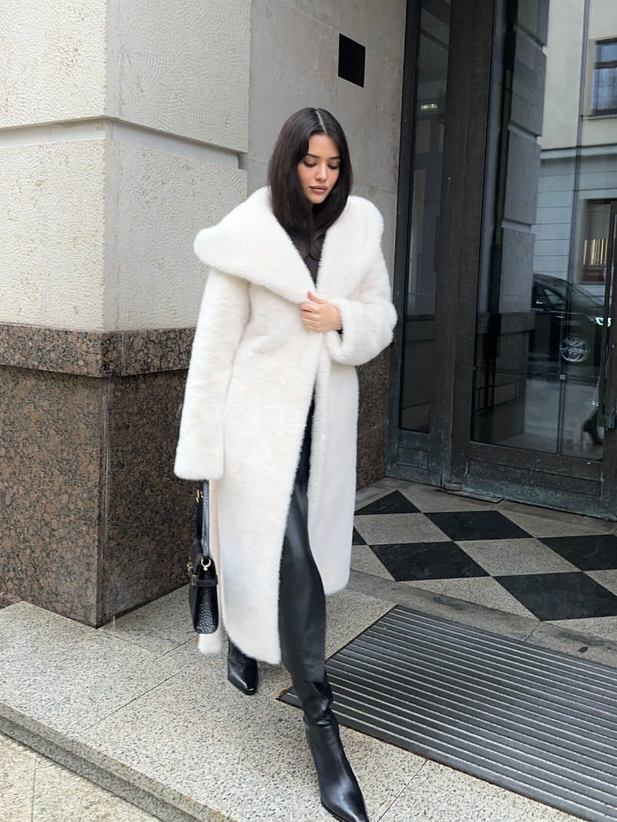 Faux Fur Coat for Women — Long Hooded Style with a Self Tie Belt and Shawl Collar