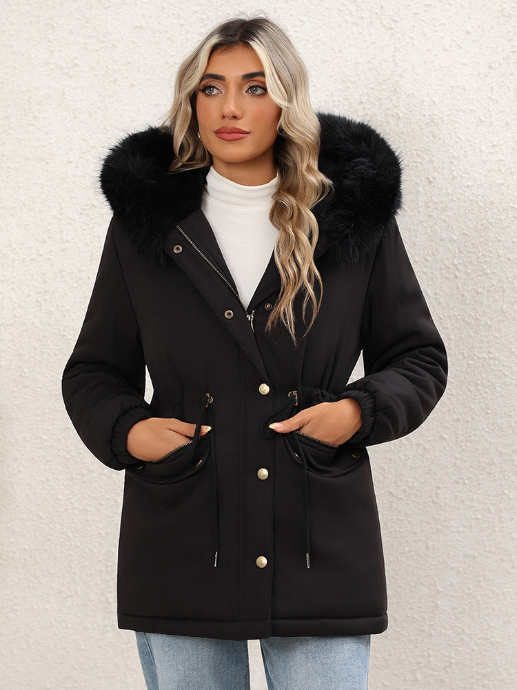 Women's black mid-length hooded parka with faux-fur trim, button front, drawstring waist, cuff buttons