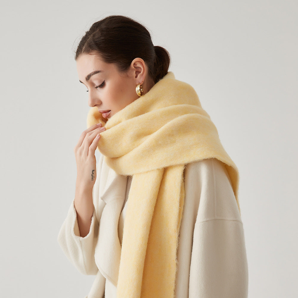 Women's wool hair scarf, solid light yellow wrap with soft fuzzy texture