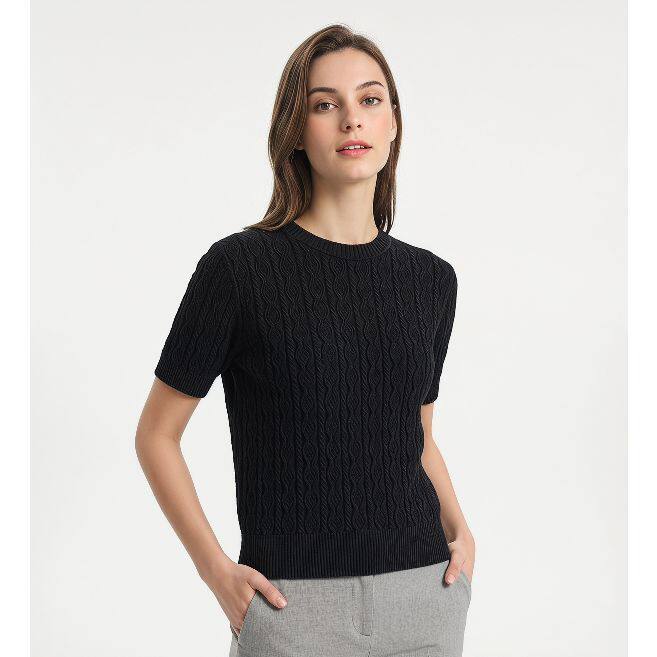 Short Sleeve Cable Knit Sweater for Women — Lightweight Crewneck Pullover in Cotton