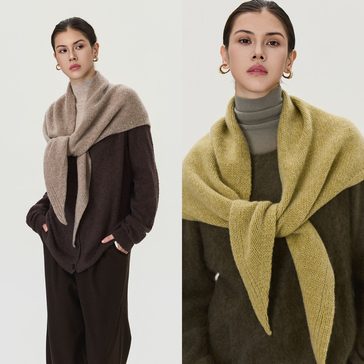 Women’s knitted triangle scarf, two-tone light gray and dark brown