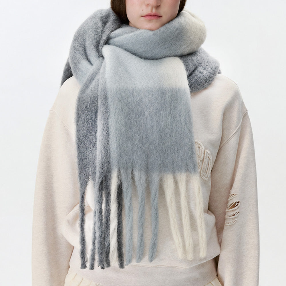 Women’s large plaid scarf in light gray and white with long fringe ends
