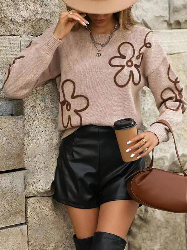 Floral Knit Sweater for Women — Crew Neck Flower Jacquard Pullover in Soft Wool