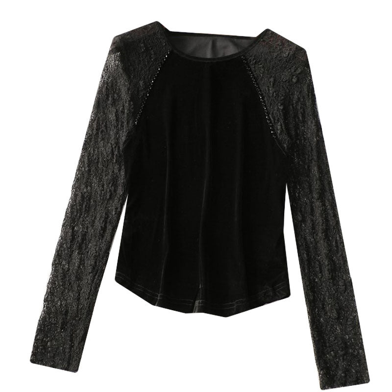 Velvet Top for Women — Dressy Long Sleeve Style with Sheer Lace Sleeves