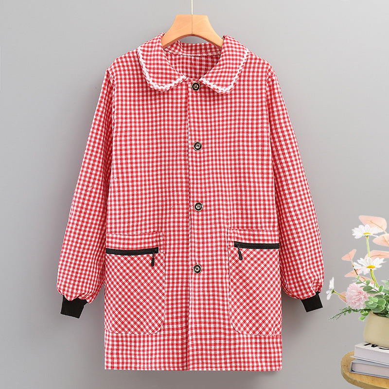 Red and white checkered long-sleeve smock apron with button front and two chest pockets