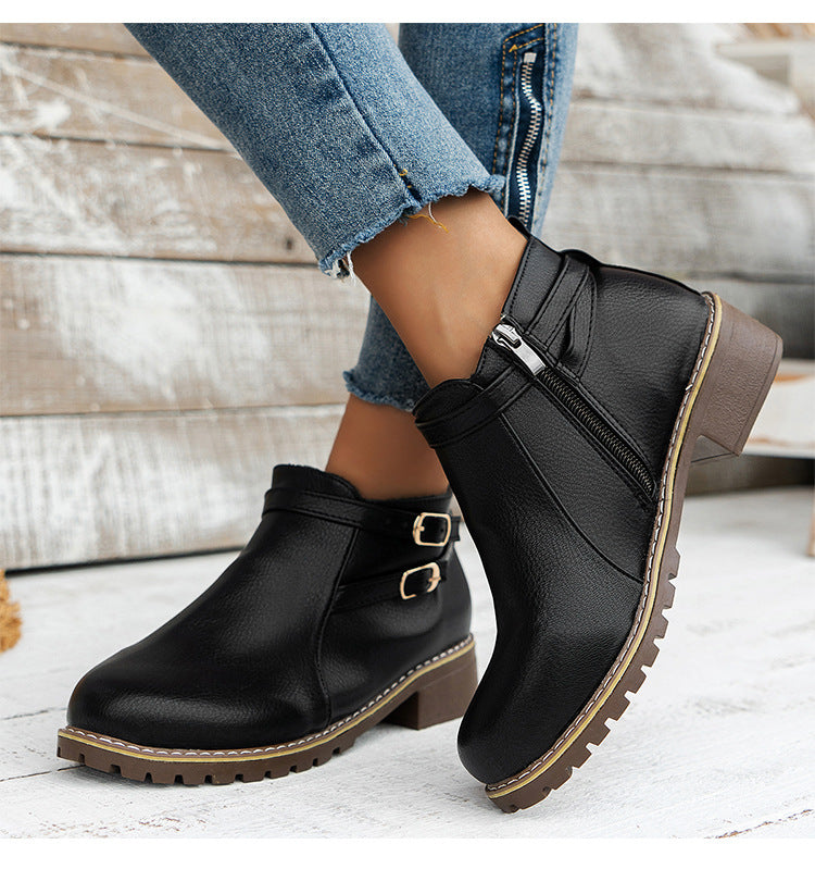 Leather Ankle Boots for Women — Low Block Heel Booties with Buckle Straps