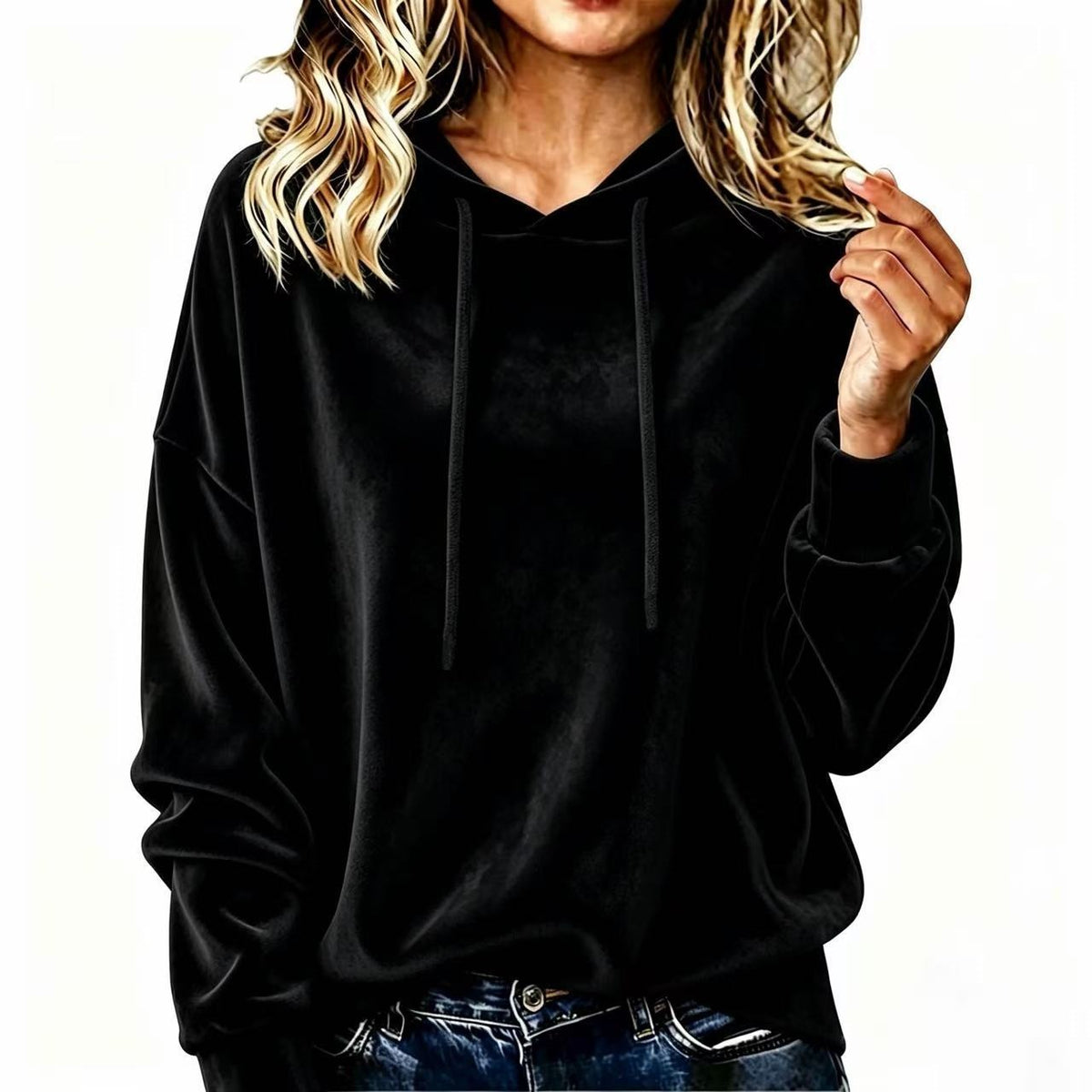 Women's corduroy hoodie with drawstring hood, long sleeves, black