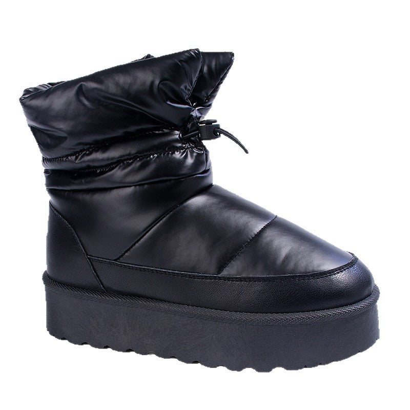 Women's black mid-top snow boot with lace tie and quilted upper, thick sole