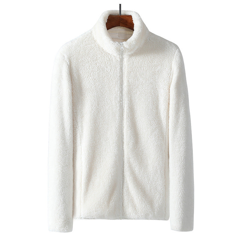 Ivory white fleece zip jacket with stand collar, front view on hanger
