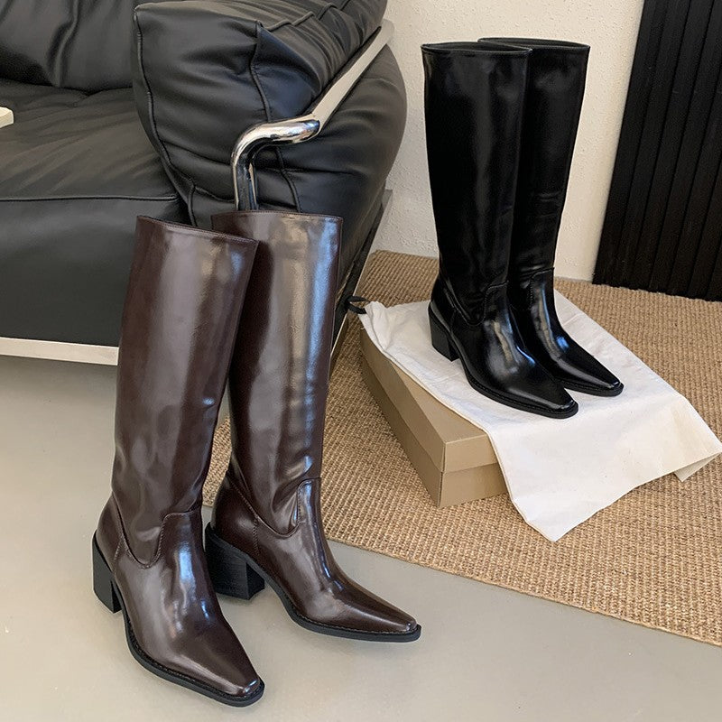 Riding Boots for Women — Knee High Pull On with Square Toe and Block Heel in Faux Leather