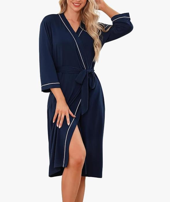 Navy kimono robe with V-neck, tie waist, 3/4 sleeves, front slit and contrast trim