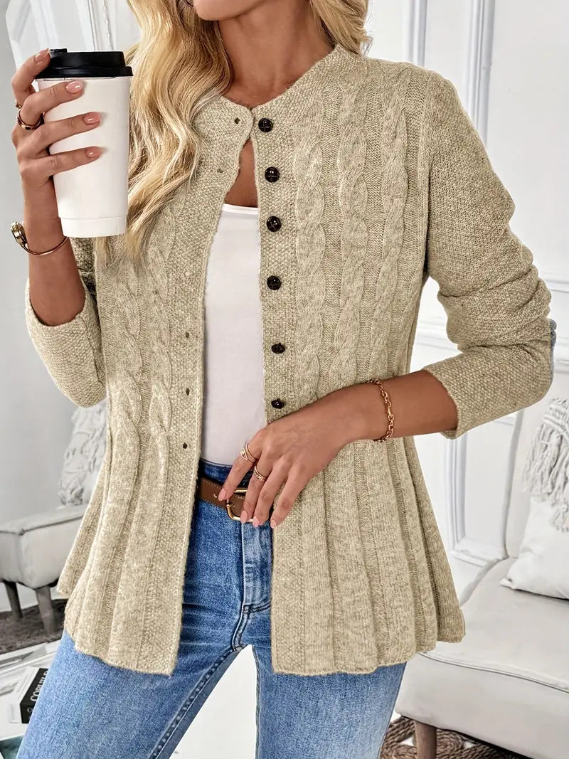 Cable Knit Cardigan for Women — Button Front with Flared Peplum Hem in Soft Wool