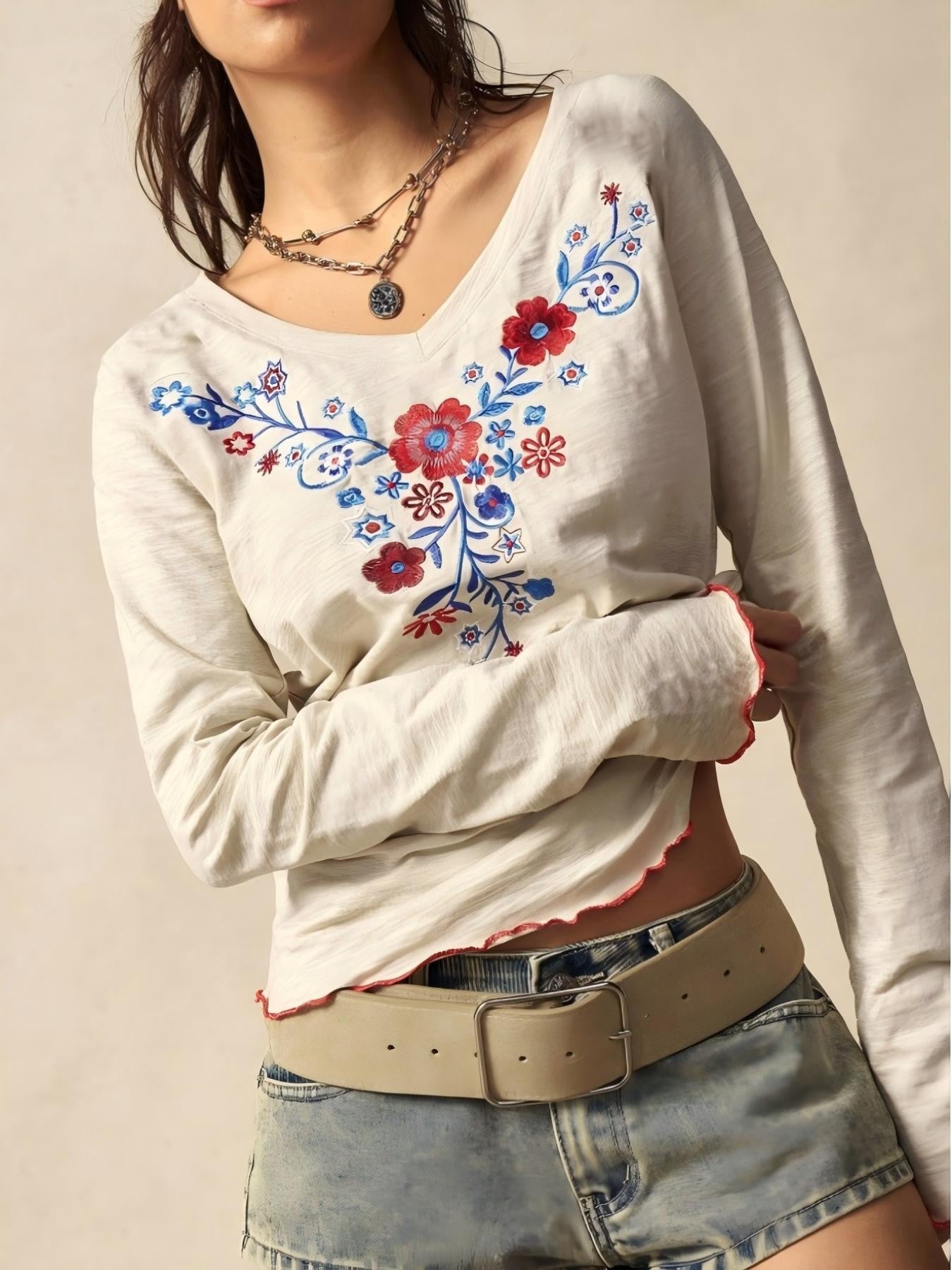 Embroidered Top for Women — Boho Floral Long Sleeve Tee in Soft Slub Cotton