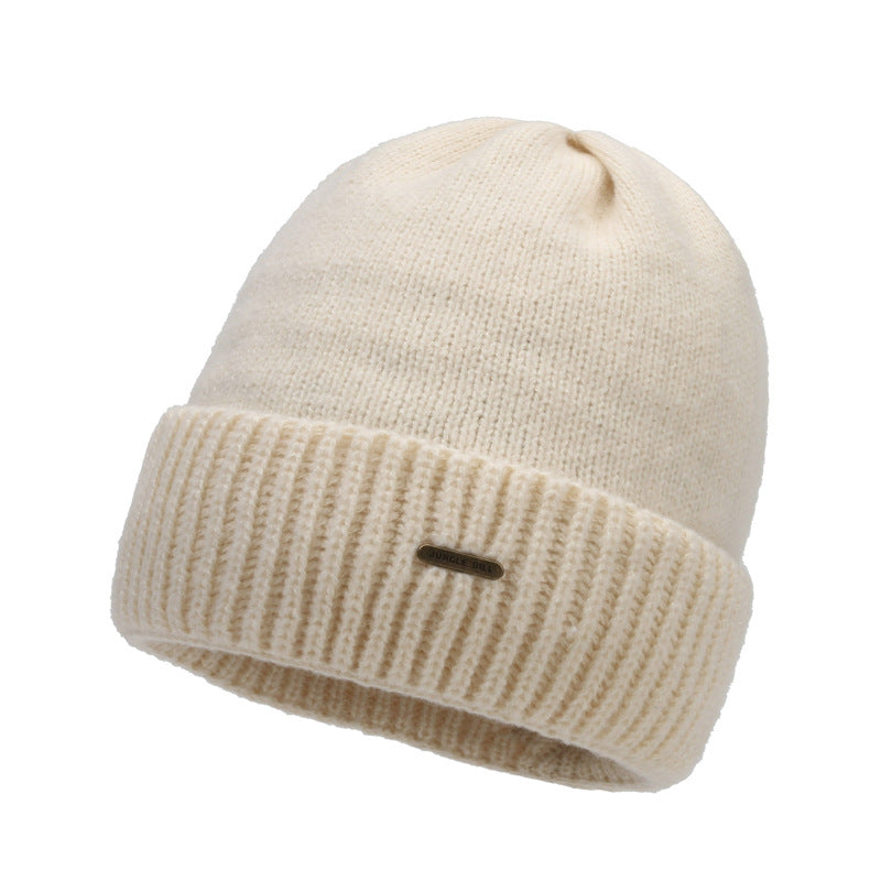 Men's ribbed-knit beanie hat, beige, with small logo patch
