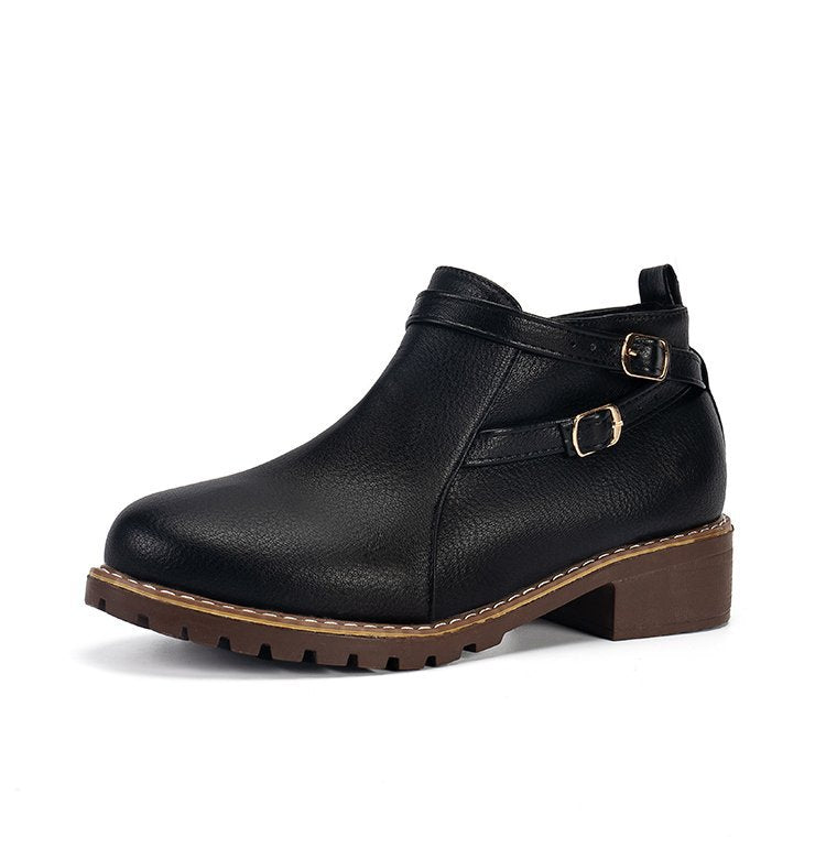 Leather Ankle Boots for Women — Low Block Heel Booties with Buckle Straps