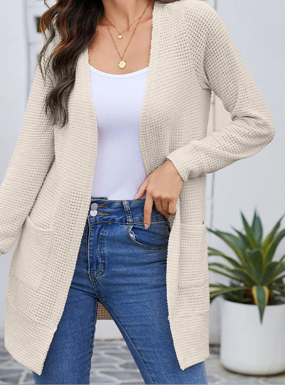 Waffle Knit Open Front Cardigan for Women — Long Lightweight Layer with Pockets in Cotton Blend