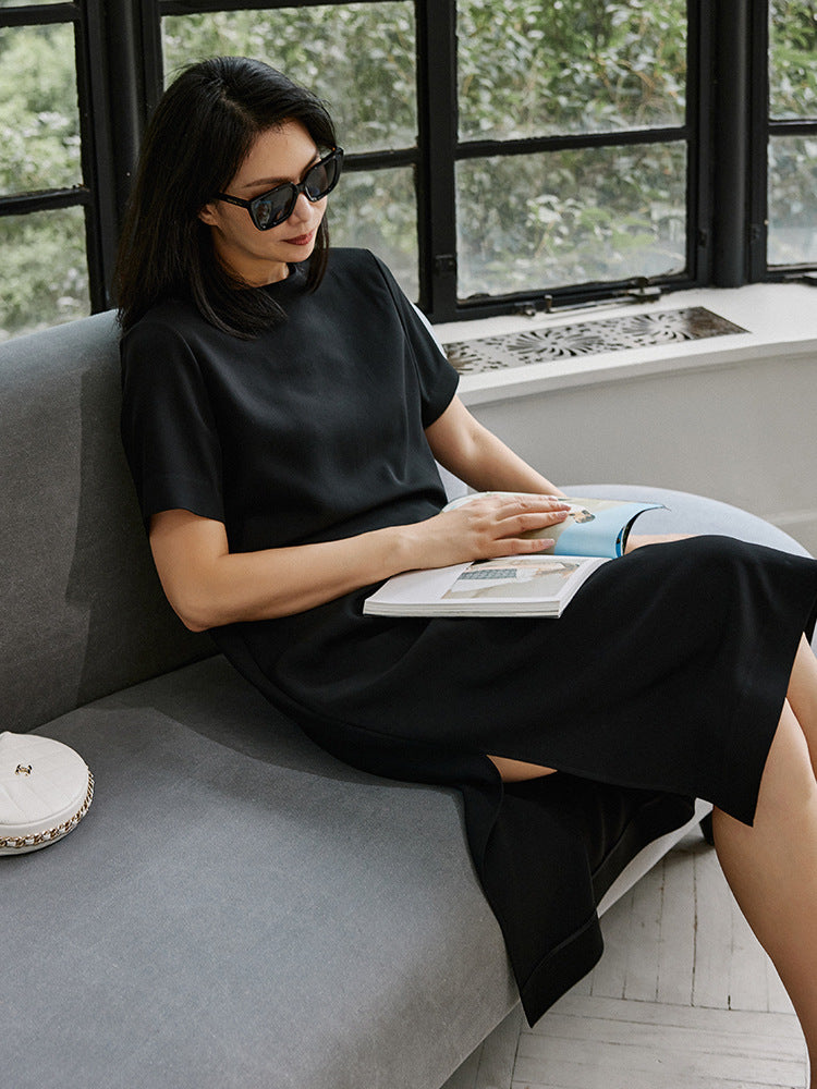 Short Sleeve Midi Dress with a Side Slit — Crew Neck Shift Style in Crepe