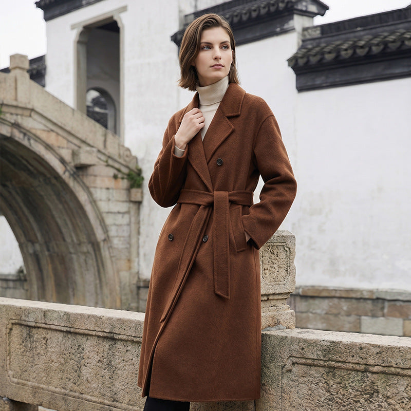 Women’s long double-breasted wool coat with tie belt, brown