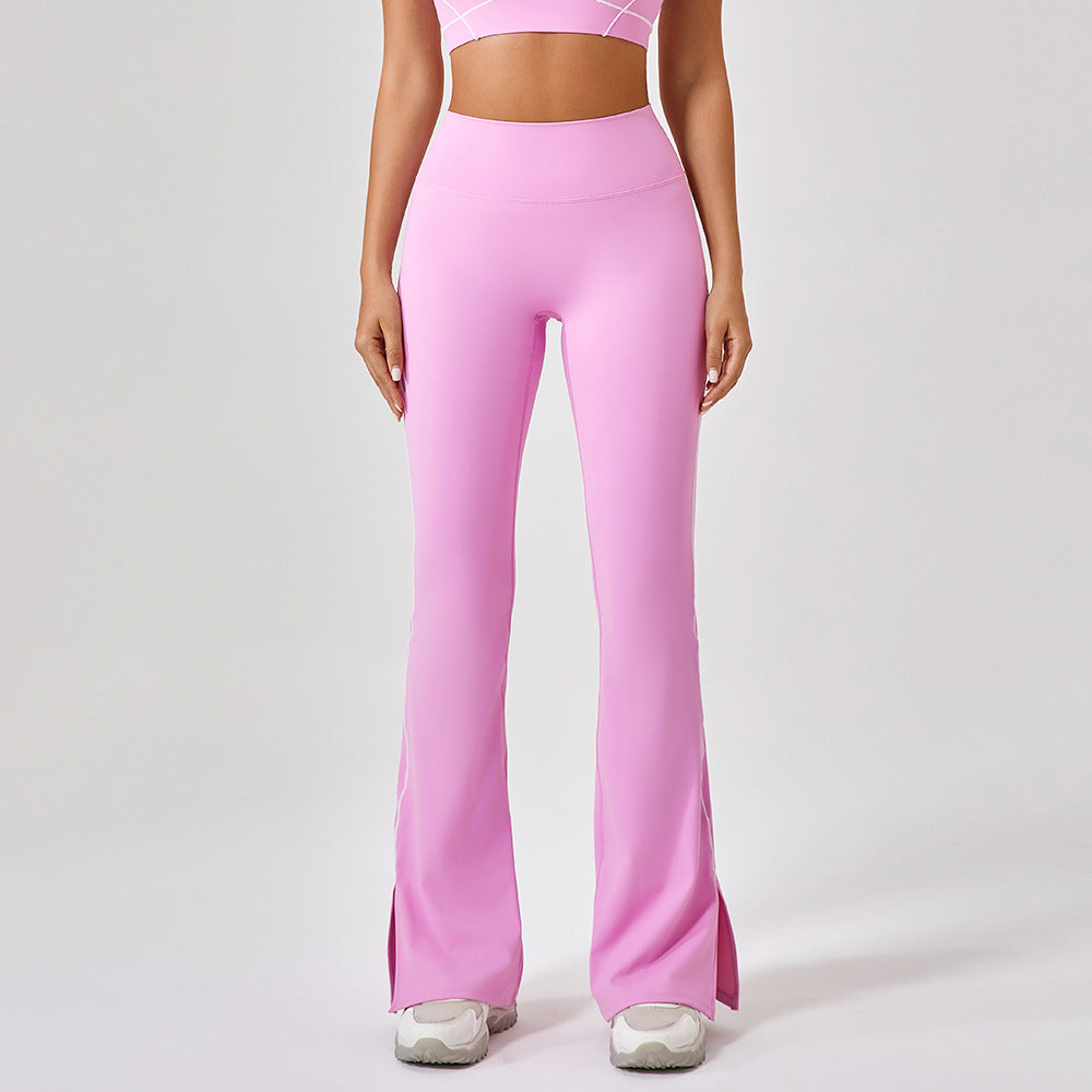High-waist yoga bell pants, pink with side slit and contrast piping