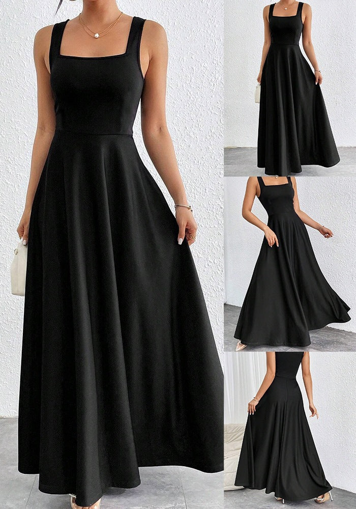 Women's square-neck sleeveless maxi dress in black, flared skirt and square neckline