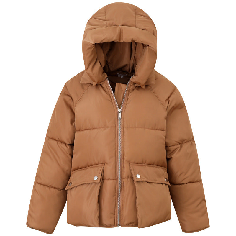 Women’s hooded puffer coat in brown with full-zip front and snap flap pockets