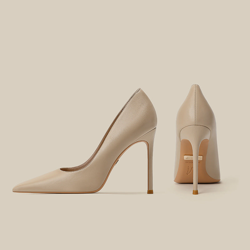 Women's nude pointed-toe stiletto high heels, side and rear view