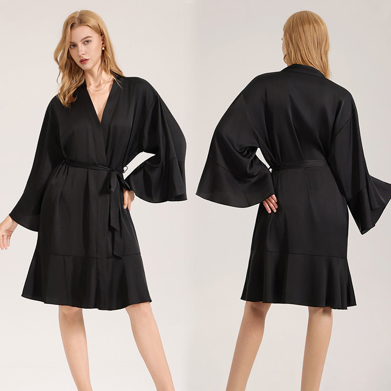 Black satin robe front and back views, V-neck, tie waist, wide sleeve design